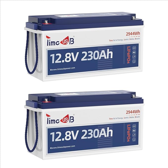 Timeusb 2 Pack 12V 230Ah LiFePO4 Battery, Built-in 150A BMS, Max. 1920W Power Output & 2944Wh Energy Lithium Battery, 15000 Cycles for Your RVs, Solar System, Off-Grid, Camper, etc
