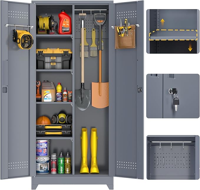 GREATMEET 72.8" Broom Storage Cabinet，Metal Storage Cabinets for Cleaning Supplies with Pegboard, Utility Closet, Broom Mop Cabinet, Grey