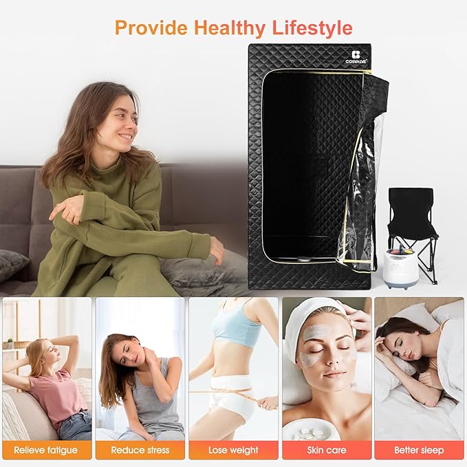 COSVALVE Portable Sauna Box for Home Sauna Steamer with 4L Large Steam Pot, 1600W Fast Heating Full Size Personal Sauna, 16 Levels, Remote Control, Foldable Chair, 2.9' x 2.5' x 5.9'
