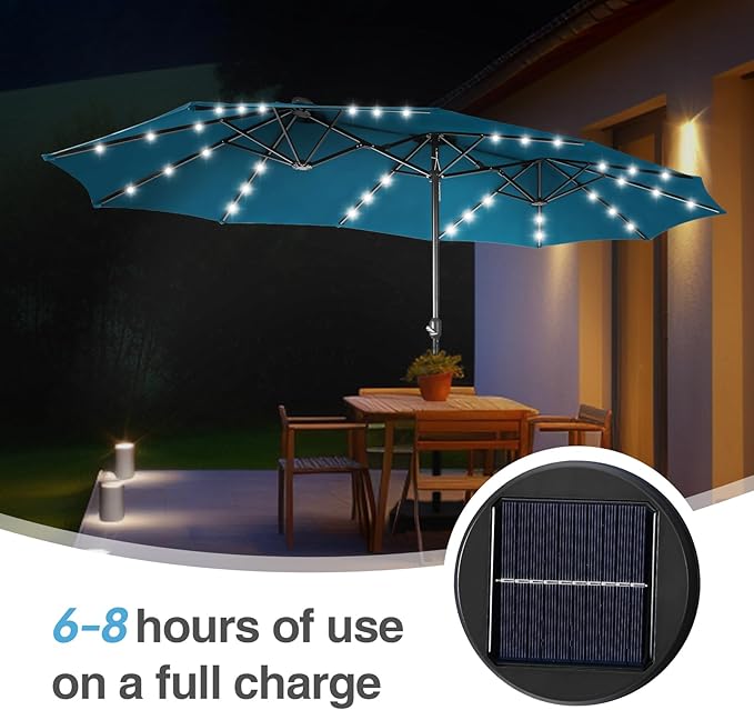 GREEN PARTY 15 ft Rectangle Patio Umbrella with Solar Lights and Base Included, Double-Sided Market Table Umbrella with Crank, Large Outdoor Umbrellas for Patio Poolside Garden Backyard, Cerulean