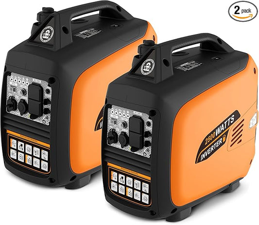 Portable Inverter Generator 2500W Gas Powered, Long Runtime Gas Generators for Home Use, Camping, Super Quiet Emergency Home Backup, with CO Sensor, EPA Compliant, Package of 2