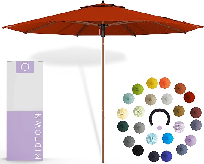 Midtown Umbrellas The Wooden 10 Feet Patio Umbrella With Terylast Apple (Red) Polyester Fabric - Aluminum Frame Market Umbrella For Backyard, Deck, Garden, Pool - Wooden Pole