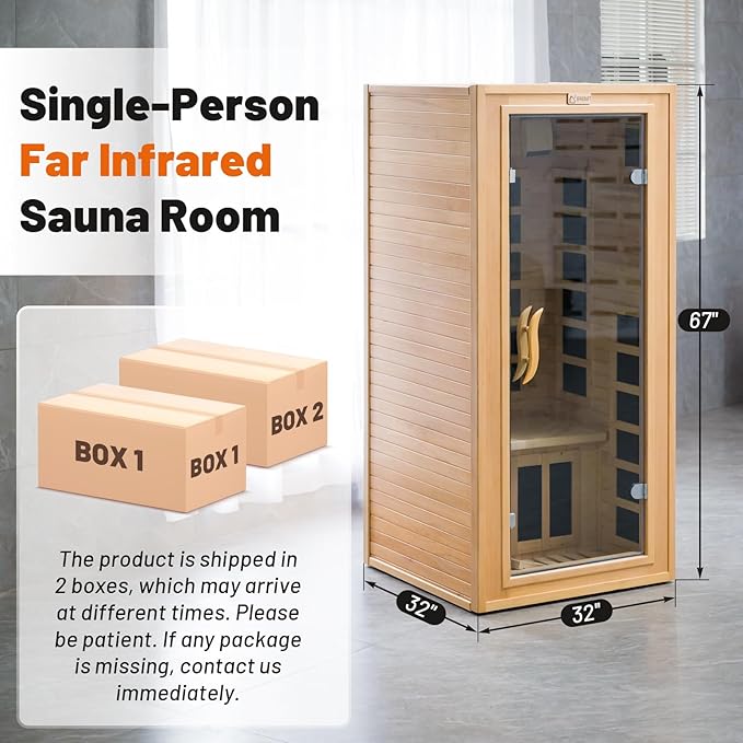 Infrared Sauna Indoor, 1 Person Hemlock Wooden Home Sauna, Dry Sauna for Home Spa Room 1350W, Time Temp Pre-Set Sauna Room, w/7 Heating Panels Mini Personal Far Infrared Saunas for Home