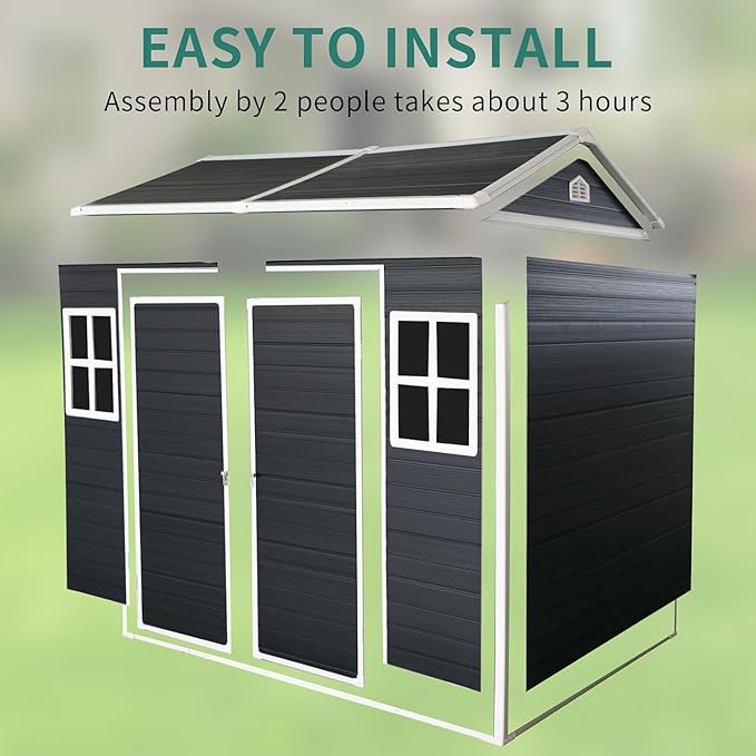 LANTRO JS Storage Shed with Floor Included, 8x4FT Plastic Storage Shed with Floor 2 Windows and Lockable Door Sheds for Garden Tools, Bike