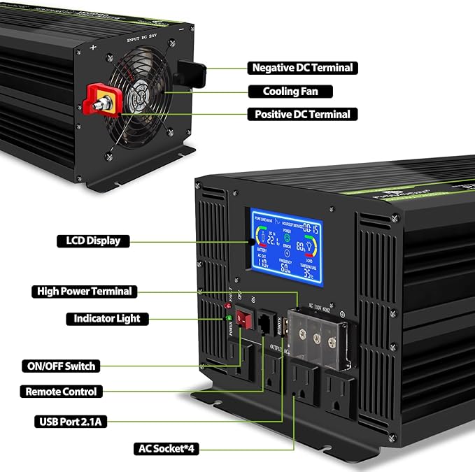 NOVOPAL 6000 Watt Pure Sine Wave Power Inverter DC 24V to AC 110V 120V Rv Inverters with 1 USB Port-16 feet Remote Control, LCD Display for Truck, Hurricane, Home