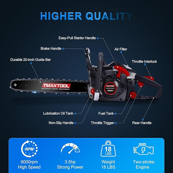 62cc Gas Chainsaw, 20 Inch 16Inch Chain Saw, Gas Powered Chainsaws, 2-Stroke 3.5-HP Gasoline Power Chain Saws with Automatic Oiler for for Wood Cutting and Tree Trimming, Easy-Start, Black