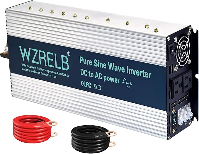 WZRELB 3000W Pure Sine Wave Inverter, Car Power Inverter 12V DC to 110V 120V AC Converter for RV, Truck, Solar, Outdoor with Dual AC Outlets, Hardwire Port, Surge 6000W, LED Display,Off-Grid