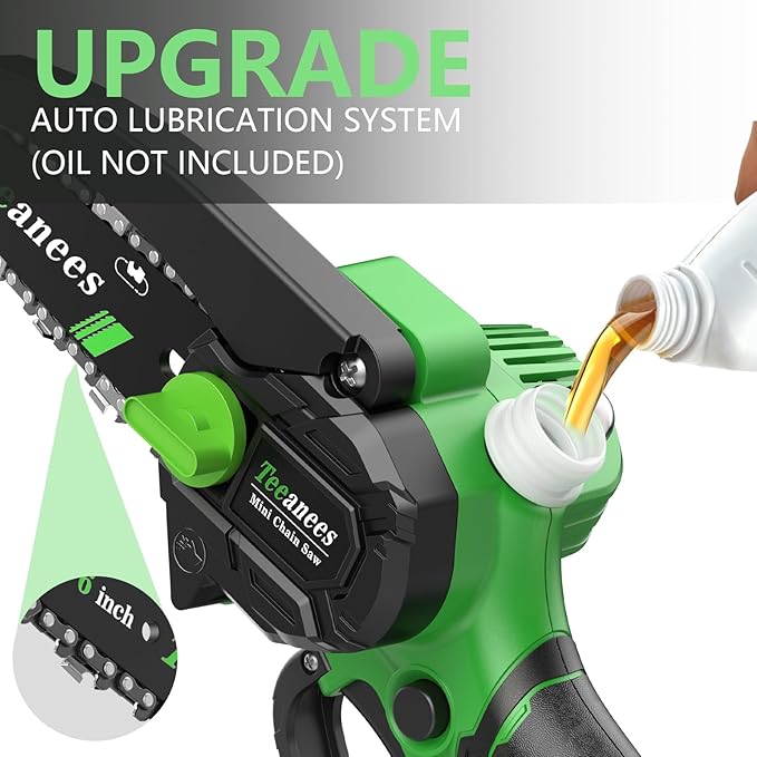 Mini Chainsaw Cordless 6 Inch, Electric Chainsaw Battery Powered with Auto Oiler, Security Lock for Wood Cutting, Tree Trimming, Garden & Household Use(2 Batteries)