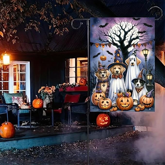 Spooky Dog Halloween Garden Flag Dogs Spooky 12x18 Inch Double Sided Scary Pumpkin Ghost Welcome Small Flags for Halloween Outside Decoration For Yard Decorative Flag