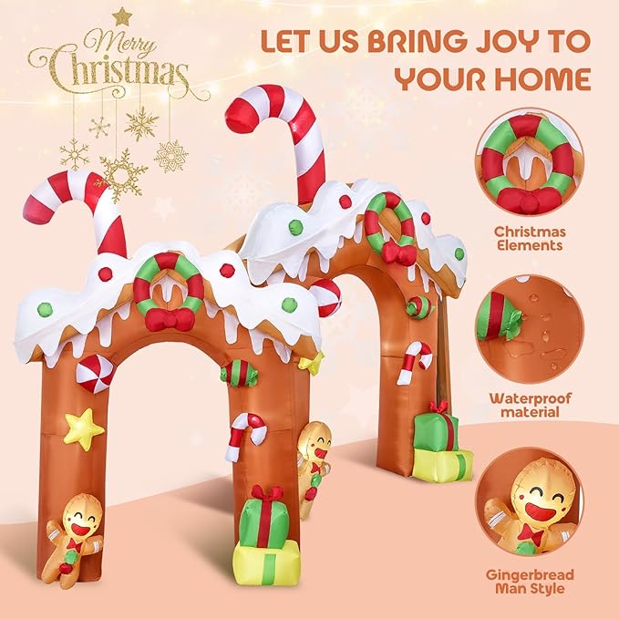 DearSun 10FT H Christmas Inflatable Gingerbread House Archway with Build-in LED Lights, Blow up Christmas Inflatable Outdoor Decorations Large Party Yard Decoration
