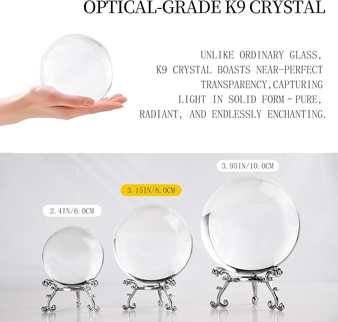 80mm Clear Crystal Ball with Stand, Photography Lensball Prop for Magical Shots, Optical Glass Sphere Decorative Balls Gifts for Meditation Divination