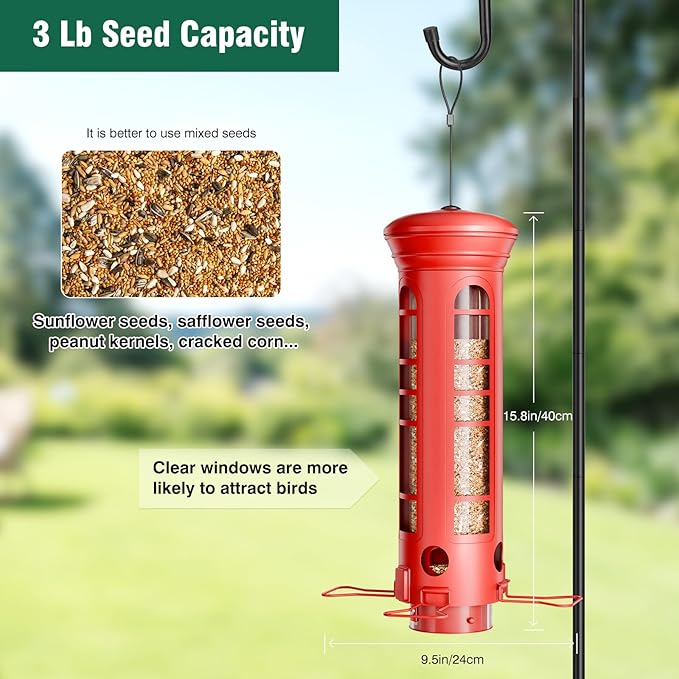 Squirrel Proof Metal Bird Feeder, Removable Base for Cleaning, Weight Activated Perches, 3 Lbs Capacity, Weatherproof & Rust Proof, Outdoor Hanging Bird Feeder for Cardinals, Finches