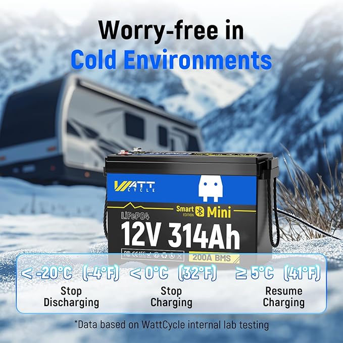 WattCycle 12V 314Ah (300Ah Equivalent) Mini LiFePO4 Lithium Battery - Bluetooth 5.0, 200A BMS, 4.01kWh Energy, Aluminum Cooling Fins & Braided Copper Wires for RV, Marine, Solar Home Storage (3 Packs)