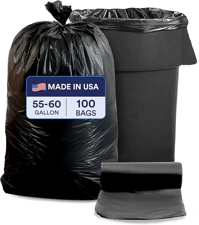 Plasticplace 55-60 Gallon Trash Bags, Heavy Duty Black Garbage Bags, 100 Count for Lawn, Yard, and Outdoor Waste Disposal, Ideal for Industrial Trash Cans, Contractors, and Home Improvement Projects