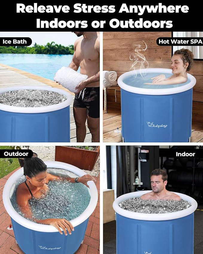 XL Ice Bath Tub for Athletes & Adults - 105 Gallons, Cold Plunge Tub with Cover, Inflatable Ice Bath Barrel for Indoor Outdoor - Blue