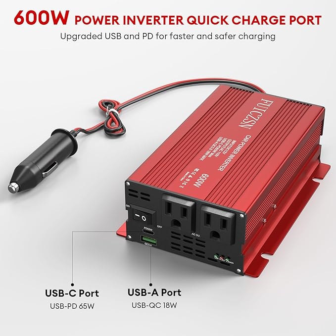 600W Car Power Inverter 12V DC to 110V AC Car Plug Adapter Outlet Converter with 2 AC Outlets and 65W PD USB-C & 18W QC USB-A Fast Charging Ports Power Inverters for Vehicles(Red)