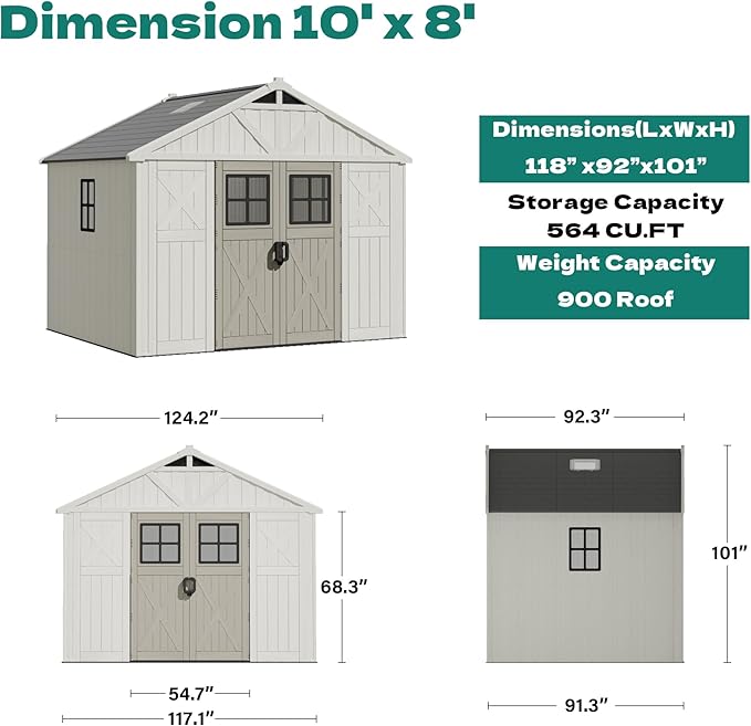 Devoko 10 x 8 FT Resin Outdoor Storage Shed, Extra Large Plastic Shed with Skylight, Floor and Lockable Door, Storage Bike, Tools, Lawn Mower for Garden, Backyard, Patio, Beige