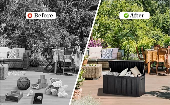 BTEXPERT 150 Gallon Outdoor Storage Container Deck Box with Metal Support Rods for Patio Furniture Garden Tools Waterproof Lockable UV Resistant Resin Set of 2