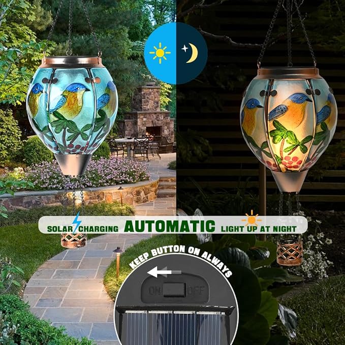 Hot Air Balloon Solar Lantern - Bluebird Glass Lantern, Simulated Flickering & Dancing Flame, Outdoor Hanging Yard Light Waterproof IP65 for Patio Lawn Porch Decor Gift