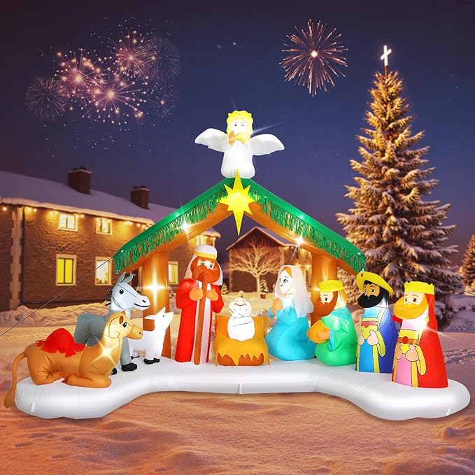 Elegear 12FT Christmas Inflatables Nativity Scene Outdoor Decorations, Giant Christmas Blow Ups Inflatables with Built-in LED Lights & Manger Scene, Large Nativity Set Outdoor for Yard Lawn Xmas Decor