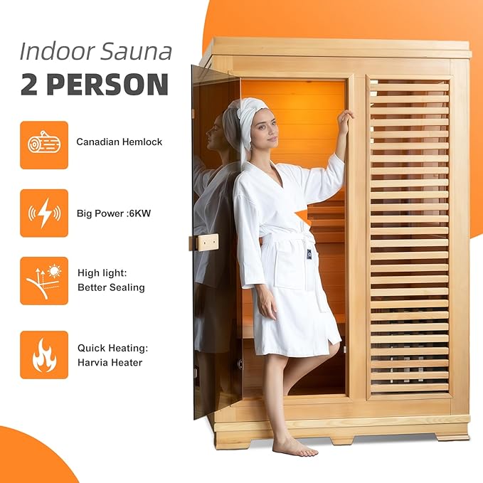 Indoor Traditional Steam Sauna 2 Person, Canadian Hemlock Saunas, 4.5KW Harvia Heater, 220V,Fence Design, Better Sealing, Left Door(0-195℉) (with Door Fence)