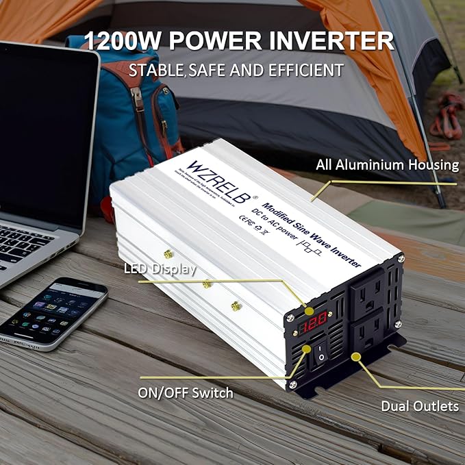 WZRELB 1200W Power Inverter 24V DC to 110V 120V AC,2400W Peak Modified Sine Wave Car Inverter with LED Display,Dual AC Outlets,Soft Starter,Off-Grid Power Converter with High Efficiency up to 90%