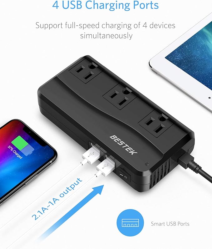 BESTEK 200W Power Inverter DC 12V to 110V AC Inverter with 4.2A 4-Port USB Car Adapter (Black)