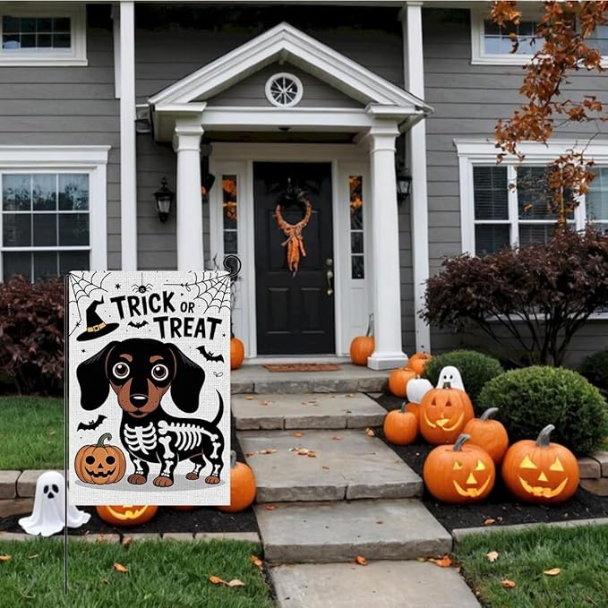 HTBIG Halloween Trick or Treat Garden Flags, Halloween Ghost Dog Pumpkin Decor, Yard Flags for Outside 12x18 inch, Holiday Skeleton Yard Outside for Home Decorations