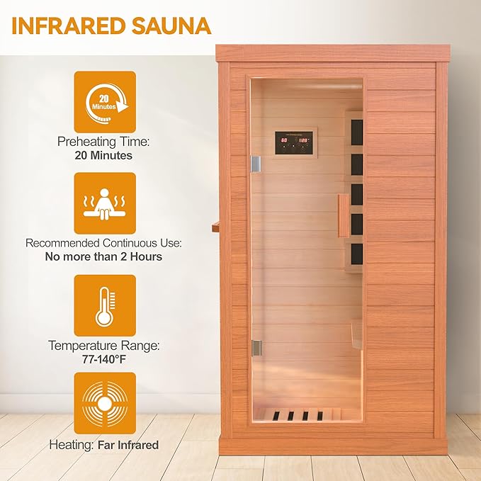 HUGROVE Far Infrared Wooden Sauna, Bluetooth Speakers & 5 Heating Panel, 900W Aucoumea Klaineana Dry Sauna for Home, Intelligent Control Panel and Tempered Glass Door