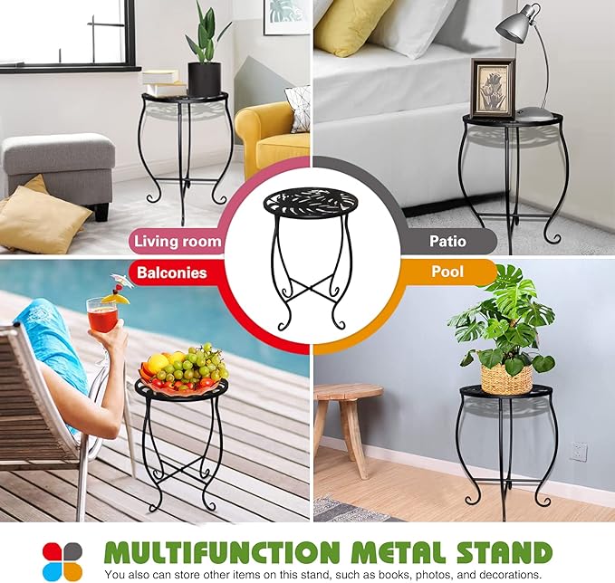 15" Tall Metal Plant Stand, 8" Wide Round Plant Stand for Flower Pot Rustproof Iron Plant Holder for Indoor Outdoor Use, Easy Assemble Flower Stand for Home Garden Display Greenery (Round 2pcs)