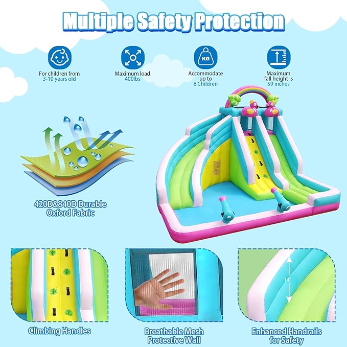 Inflatable Water Slide, 6 in 1 Blow Up Water Park Aged 3-10, Flamingo Style Water Bounce House with Double Long Slides, Splash Pool, 580W Blower Waterslide for Kids and Adults Backyard