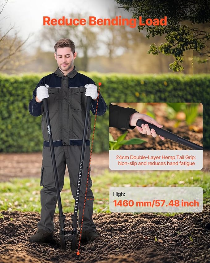 VEVOR Post Hole Digger, Heavy Duty Post Hole Digger with Fiberglass Handle, Manual Hole Digger with Scale Markings and Metal Blade, Post Hole Digger Tool for Digging Gardening and Outdoors, 57.5-Inch