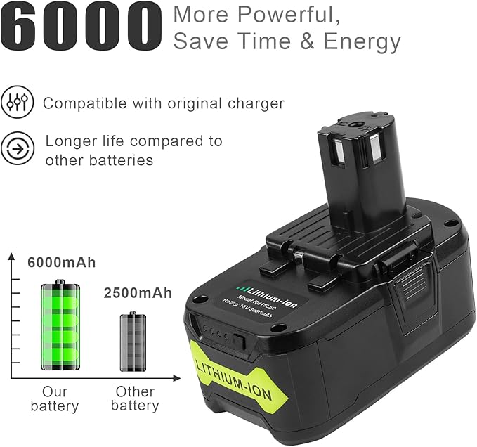 ARyee Upgrade 6.0Ah Lithium Replacement Battery for Ryobi 18V ONE+ Cordless Power Tool Compatible with P102 P103 P104 P105 P107 P108 Lithium Battery