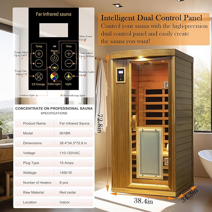 Red Cedar Personal Indoor Infrared Sauna Room, Low EMF Far-Infrared Sauna, Dual LCD Control Panel Inside and Outside,Bluetooth Speaker, Tempered Glass Door with Far Infrared Heating Panel