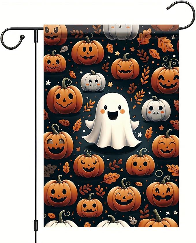 Halloween Pumpkin Ghost Garden Flag 12x18 Inch Double Sided for Outside Cute Ghost Pumpkin Yard Flag for Outdoor Holiday Home Decor
