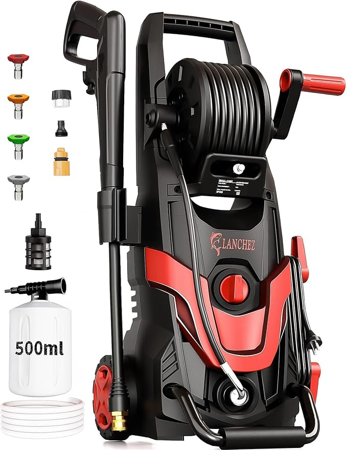 LANCHEZ Pressure Washer 4800PSI with 4 Quick Connect Nozzles, Inlet Hose & Filter&500ML Foam Cannon, Power Washer for Cars/Fences/Driveways/Patios/Home Cleaning (Red)
