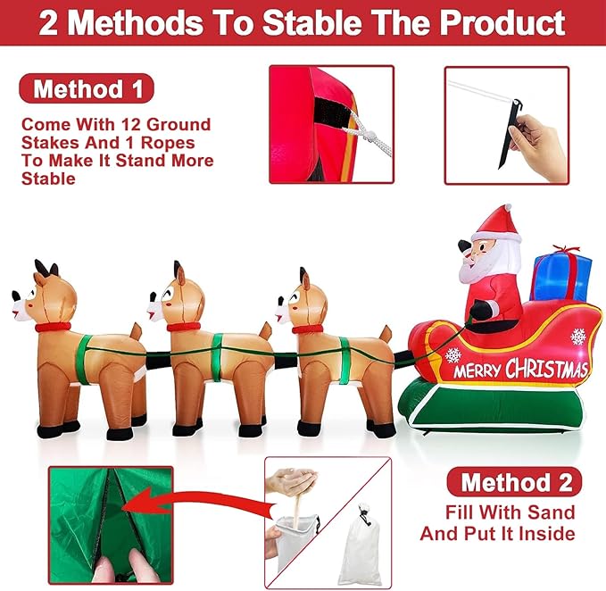 TURNMEON 12 Feet Long Christmas Inflatable Decorations Outdoor LED Lighted Santa Claus on Sleigh Three Reindeer Deer Gift Box Blow up Yard Christmas Decor Outside Lawn Garden Party 12 Stakes 2 Tethers
