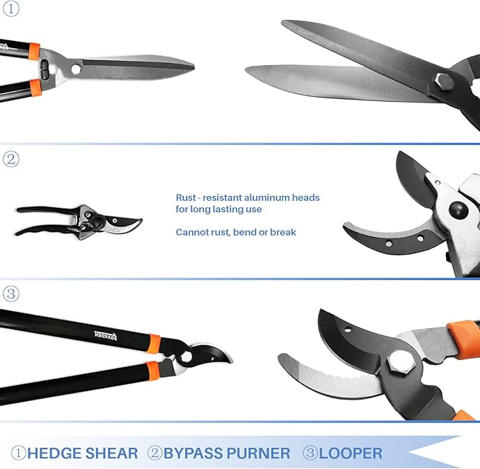 E&K Sunrise Set of 3 Pieces Garden Tree Tools for Lawn & Garden Care Garden Kit with Lopper, Hedge Shears and Pruner Shears, Tree & Shrub Care Kit