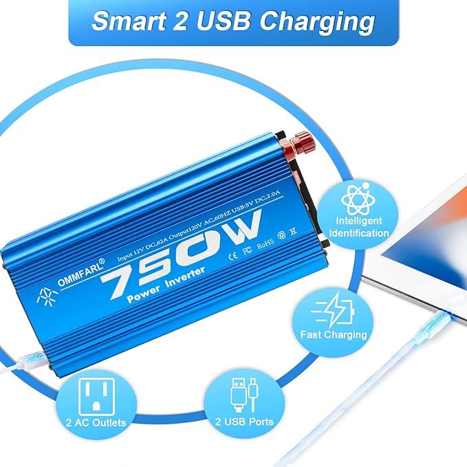 750W Modified Sine Wave Power Inverter DC 12V to AC 110V, Peak 1500 Watt, Car Plug Inverter Adapter Power Converter with 4.2A Dual USB Charging Ports and 2 AC Outlets Car Charger Blue