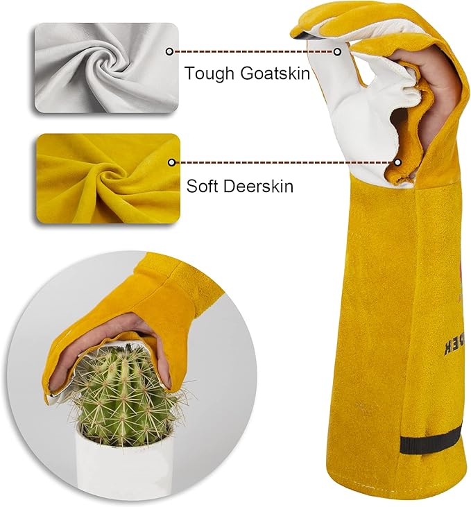 Garden Gloves Women/Men Thorn Proof, Deerskin Suede, 2 Layers Leather Rose Pruning Long Gardening Gloves for Cactus