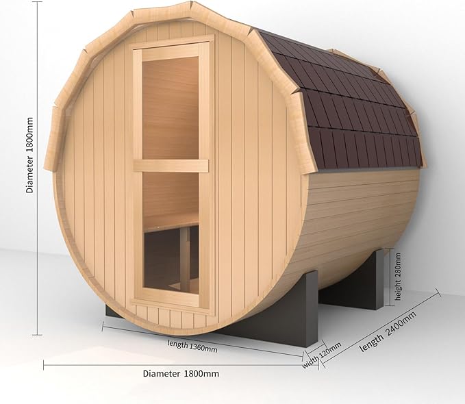 Outdoor Barrel Steam Sauna, 6-8 Person Wood Sauna Room with 6kw Toule Electric Heater with Sauna Stone, Canadian Helmock Wooden Sauna, Sauna Accessories and Asphalt Shingle Roof (Helmock)