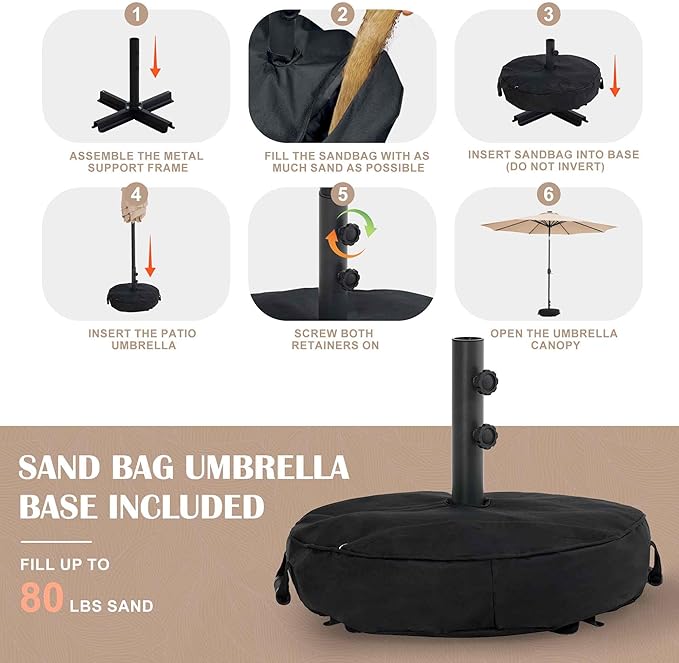 Sundale Outdoor 11 ft Patio Umbrella with Sand Bag Umbrella Base Included, Outdoor Umbrella with Tilt and Crank, Tan