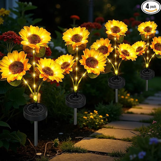 Solar Flowers Lights - Upgraded Outdoor Sunflowers Flowers Lights, Waterproof Outdoor Solar Lights for Garden, Patio, Backyard,Party and Office (Sunflowers, 4)