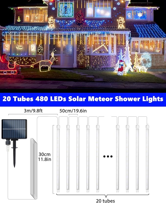 Flacchi Solar Meteor Shower Icicle Lights - 20 Tubes 480 LED Cascading Raindrop Lights, Outdoor Waterproof Christmas Decorations for Holiday Party(Warm White, Solar 20 Tubes)
