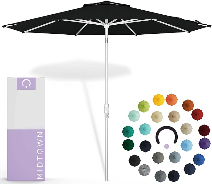 Midtown Umbrellas The Swilt 8 Feet Patio Umbrella in Sunbrella Spectrum Carbon Acrylic Fabric - Fiberglass Ribs, Auto-Tilt Aluminum Frame For Backyard, Deck, Garden, Pool - White Pole