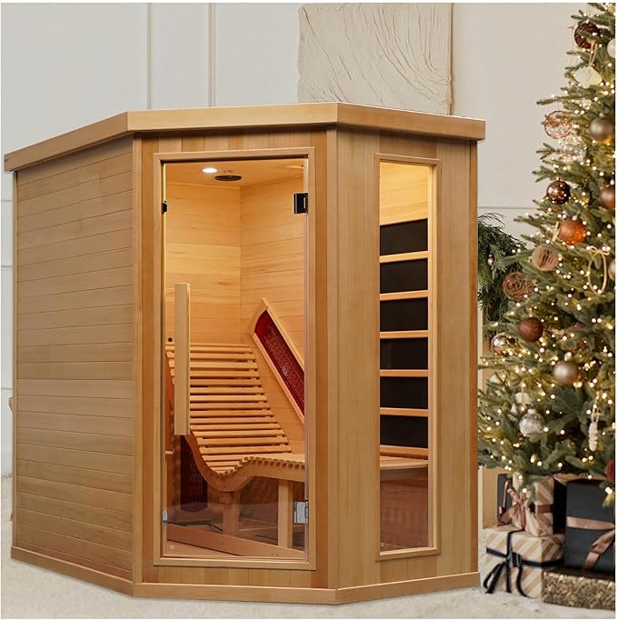 Smartmak Far Infrared Sauna Room with Recliner, 1 Person Indoor Canadian Hemlock Sauna Room, Carbon Crystal Heating Panel and Heating Tubes, 7 Color Light, Oxygen Bar, Bluetooth Speaker (220V, 2300W)