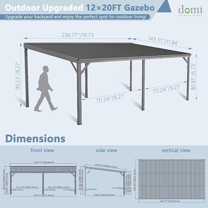 Domi 12’x20’ Wall-Mounted Hardtop Gazebo Pergola – Permanent Lean-to Outdoor Shelter with Sloped Galvanized Steel Roof & Upgraded Drainage – Gray Metal Patio Cover for Backyard, Deck, Garden