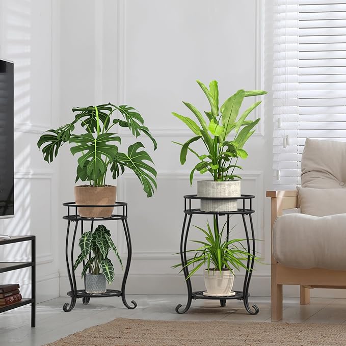 2 Tier Metal Plant Stand Indoor Outdoor , Rustproof Stable Plant Stands Multiple Plant Rack Holder Flower Pot Stand for Living Room Balcony Garden Patio Bedroom (Black, 19.5)