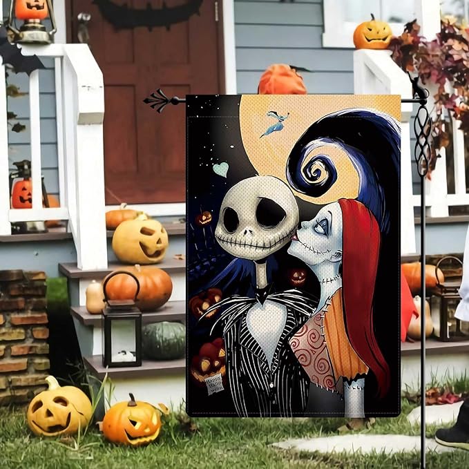 Halloween Ghost Garden Flag The Nightmare Garden Flag Sally Kisses Jack Vertical Double Sided Rustic Farmland Burlap Yard Lawn Outdoor Decor 12.5x18"