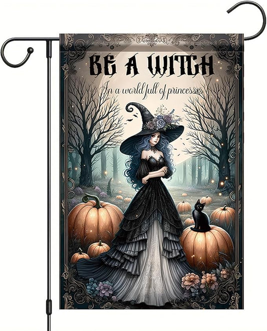 Halloween Witch Garden Flag 12x18 Inch Double Sided for Outside Witch in Black Dress Pumpkin Cat Yard Flag for Outdoor Holiday Home Decor